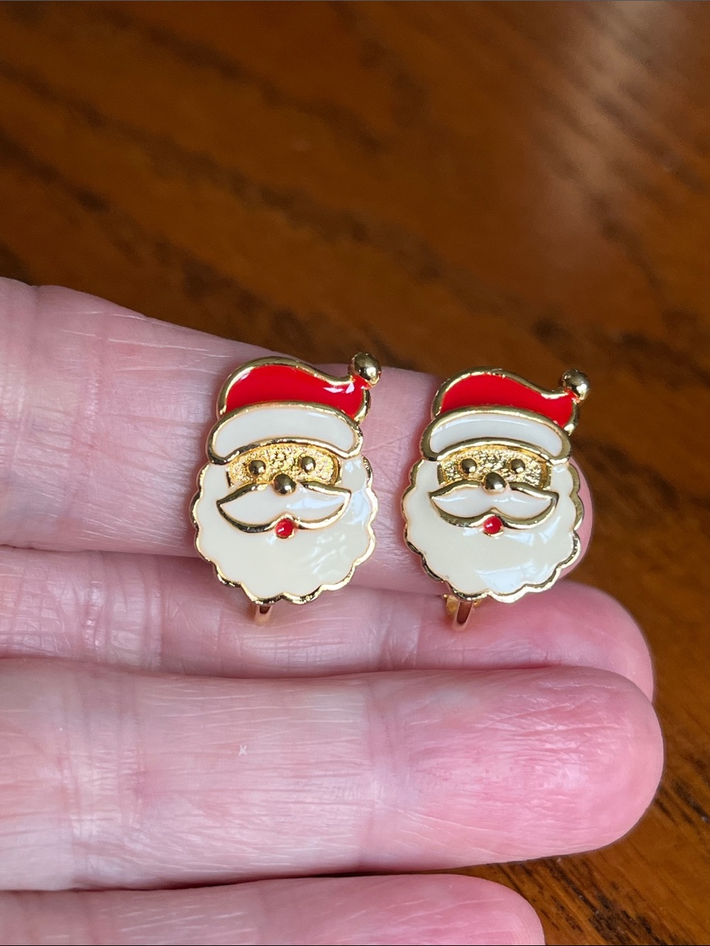 Santa Claus Gold Tone Enamel Clip-On Earrings Red & White
